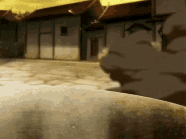 a person is standing in front of a building in a cartoon .