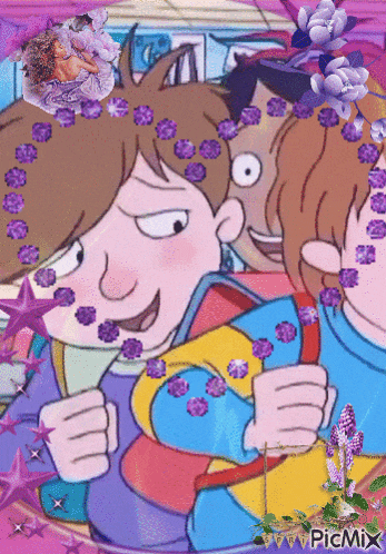 a cartoon of a boy with purple flowers in his hair and the word picmix at the bottom