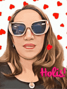 a woman wearing sunglasses is surrounded by red hearts and the word holis is on the bottom right
