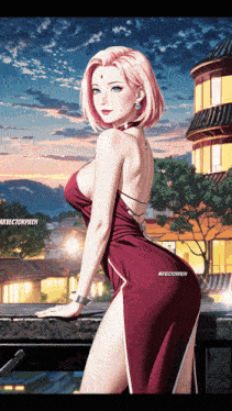 a woman in a red dress is standing in front of a building with the word directorpath on the bottom