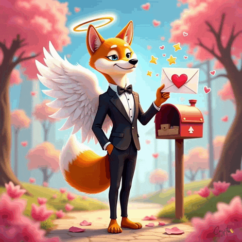 a fox in a tuxedo with angel wings is holding an envelope with a heart on it