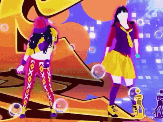 two women are dancing in a video game with bubbles surrounding them