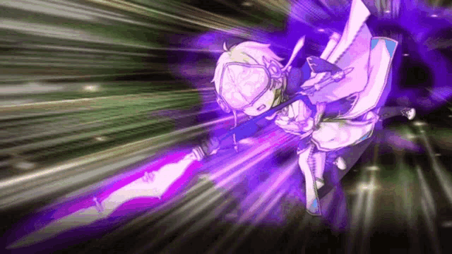 a person is holding a purple spear in their hand