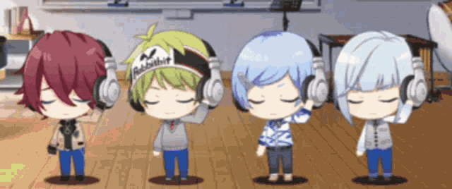 four anime characters wearing headphones with one wearing a hat that says " leadership "
