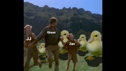 a group of ducklings are running in a field with the words ghost jj and zav visible