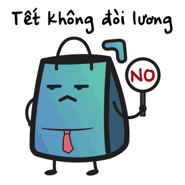 a cartoon illustration of a shopping bag holding a magnifying glass with the word no on it
