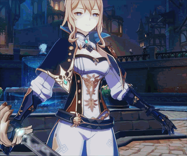 a female anime character holding a sword in front of a water fountain