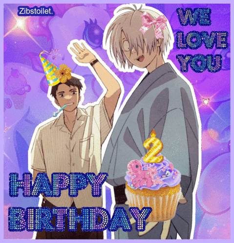 a happy birthday greeting card with two anime characters and a cupcake