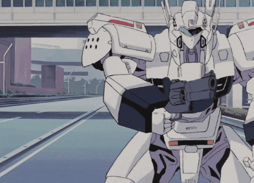 a cartoon drawing of a robot holding a gun with the letters a on it