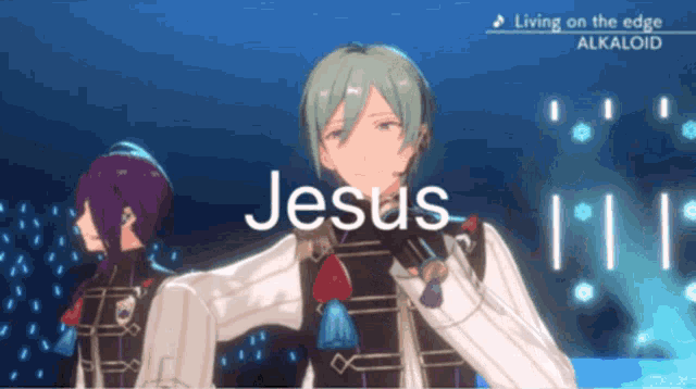 two anime characters standing next to each other with the word jesus on the bottom right