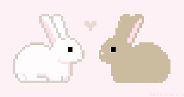 a pixel art of two rabbits one white and one brown with a pink heart above them