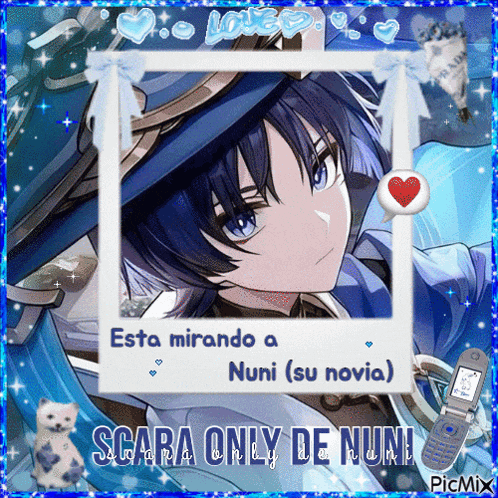 a picture of a boy with blue hair and the words " esta mirando a nuni ( su novia ) " on the bottom