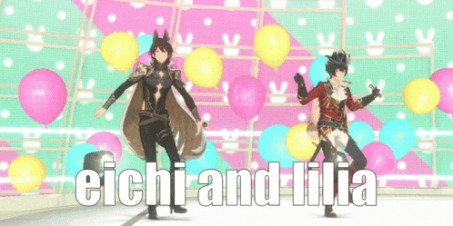 two anime characters are dancing in front of balloons and the words eichi and lilia are visible