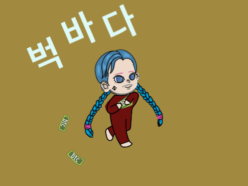 a cartoon drawing of a girl with blue hair and a braid holding a stack of btc bills