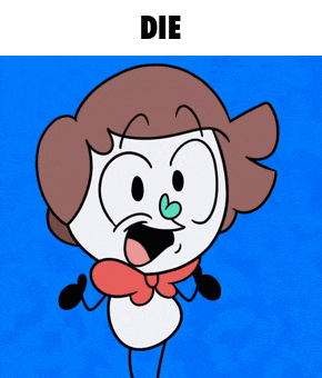 a cartoon character is holding a gun with the word die below it