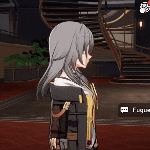 a girl with long grey hair is standing in front of a staircase in a video game