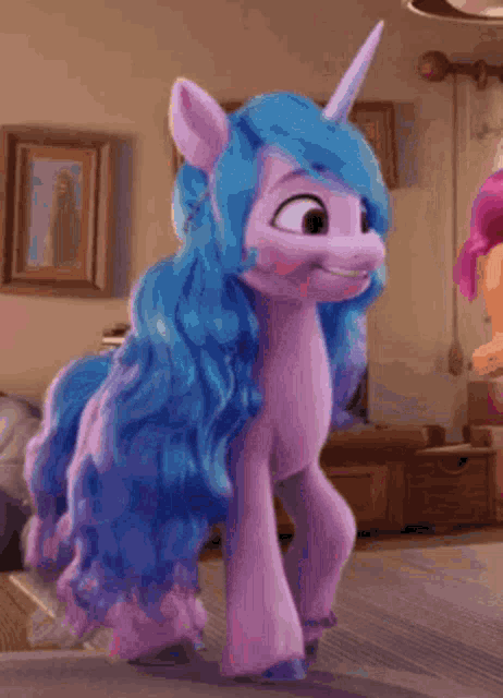 a cartoon pony with blue hair and a unicorn horn is standing next to another pony .