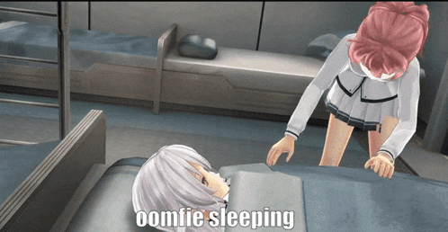 a video game scene with the words oomtie sleeping on the bottom right