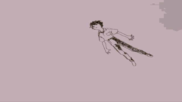 a black and white drawing of a man floating in the air