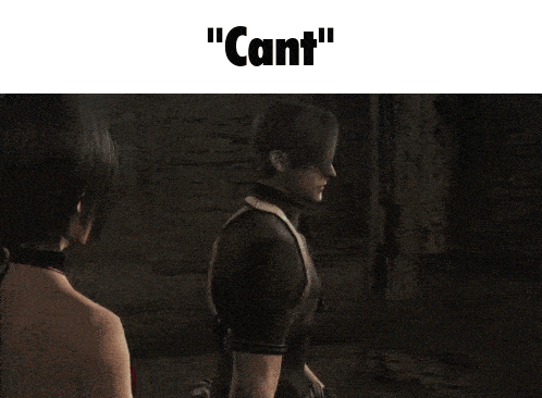 a man and a woman are standing next to each other and the woman is saying " can 't " .