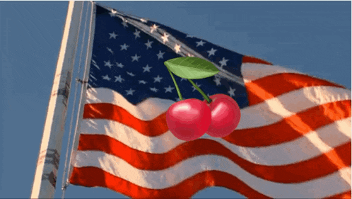 an american flag with two cherries hanging from it