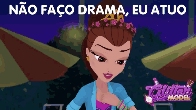a cartoon of a girl with flowers in her hair and the words " não faço drama eu atua "