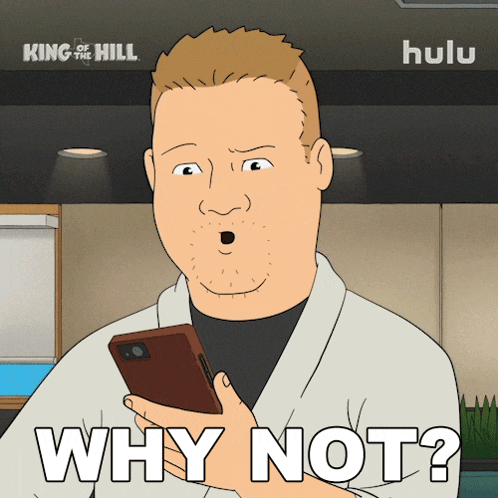 a cartoon of a man holding a cell phone with the words why not on it