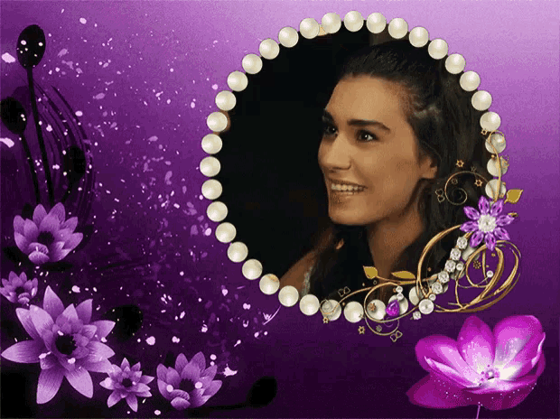 a picture of a woman in a heart shaped frame with purple flowers