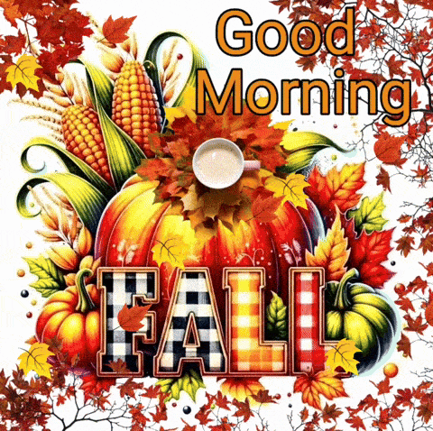 a picture of a pumpkin with leaves and a cup of coffee says good morning fall