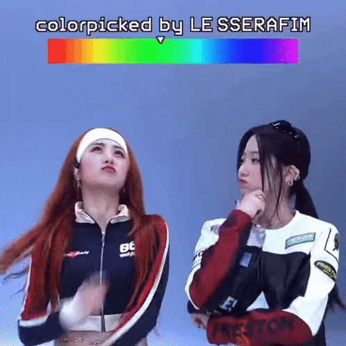 two women are standing next to each other with the words colorpicked by le sserafin written above them
