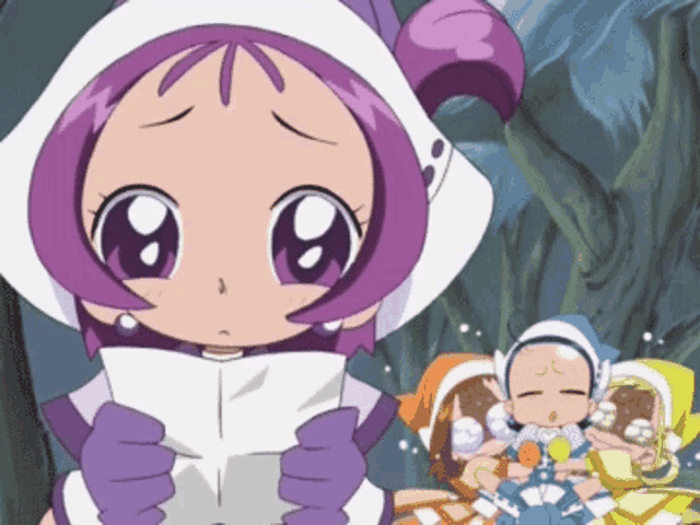 a little girl with purple hair is reading a letter