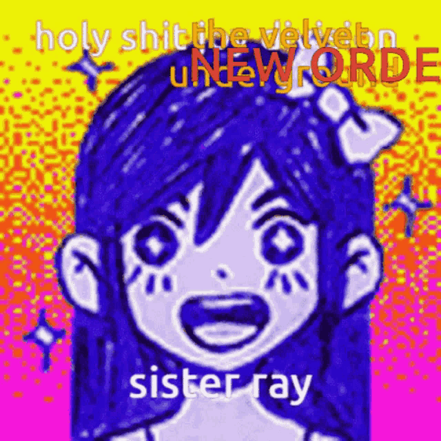 a cartoon of a girl with blue hair and the words holy shit the velvet new world sister ray
