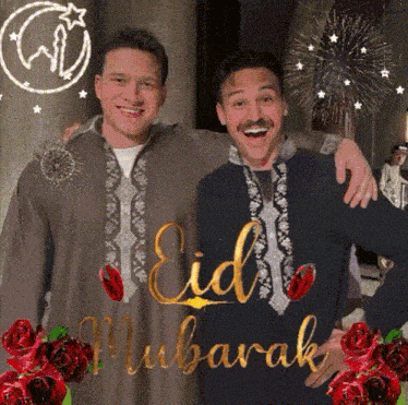 two men are posing for a picture with the words eid mubarak on the bottom