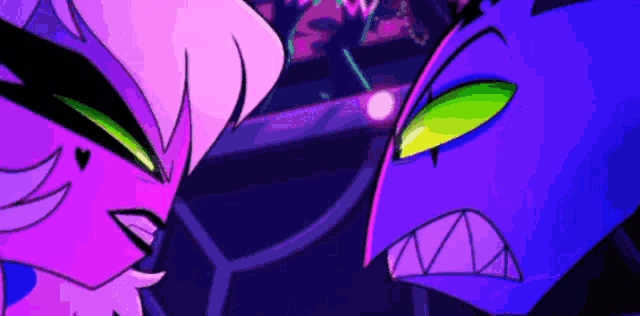 a purple and a pink cartoon character are standing next to each other and looking at each other .