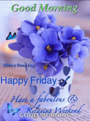 a good morning greeting card with a vase of blue flowers and butterflies