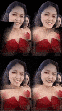 four images of a woman in a red dress are displayed