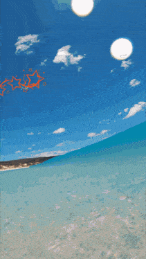a drawing of a beach with a blue sky and a few stars
