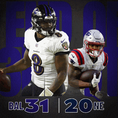 ravens player number 8 and patriots player number 20 are shown on a poster