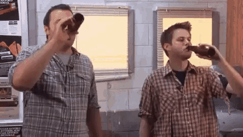 two men in plaid shirts are drinking beer in front of a window