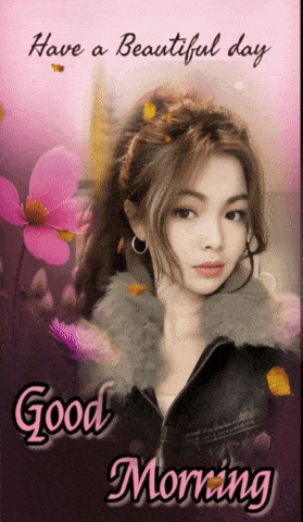 a picture of a woman with the words " have a beautiful day good morning "