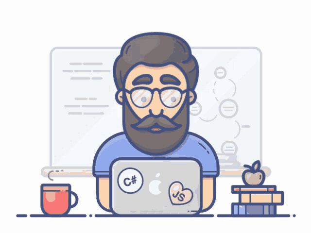 Animação de um homem de barba e óculos trabalhando com programação.