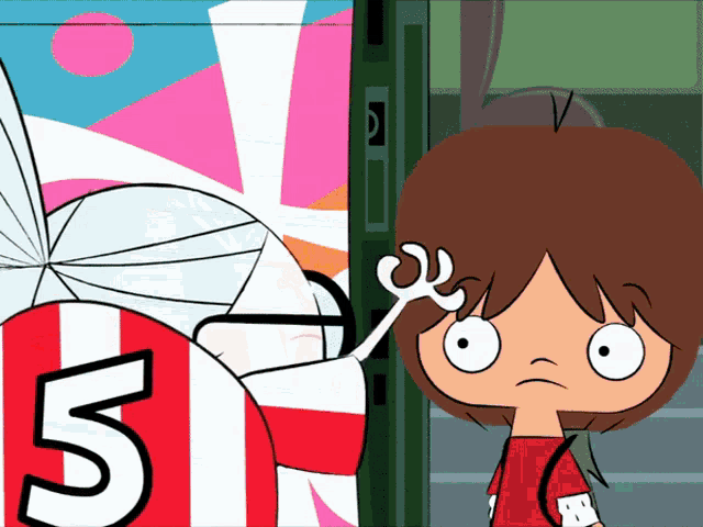a cartoon character with the number 5 on their shirt