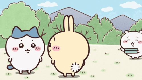 a cartoon drawing of a cat and two rabbits standing in a field