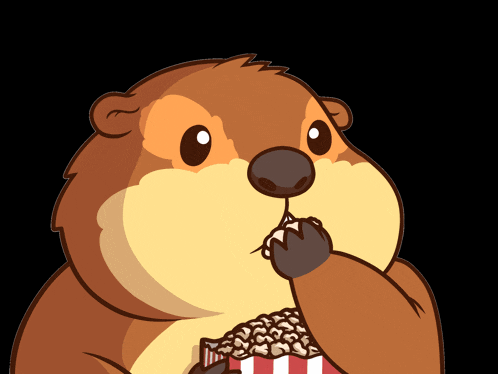 a cartoon drawing of a beaver eating a bag of popcorn