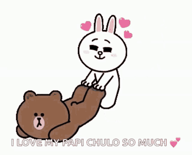 a brown bear is laying on top of a white rabbit with the words " i love my papi chulo so much "