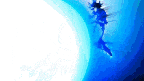 a blue and white background with a person in the middle