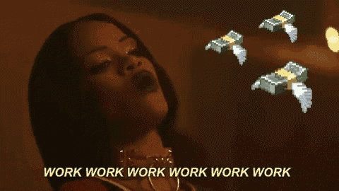 a woman is standing in front of a bunch of money and the words work work work work work