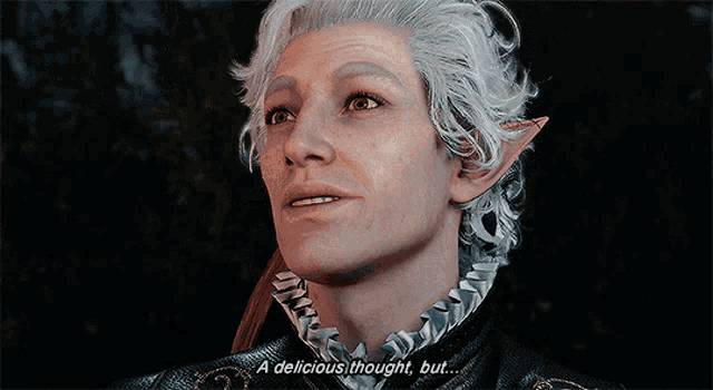 a man with white hair is smiling and saying a delicious thought but