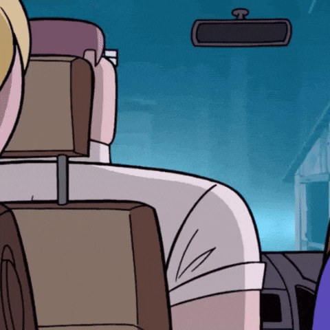 a cartoon character is sitting in a car with a rear view mirror