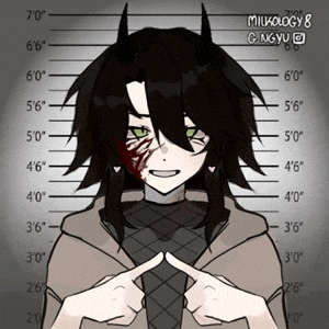 a drawing of a girl with horns and green eyes has milkology 8 written on the bottom